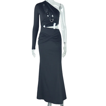 Vestido asimétrico de un hombro con mangas divididas y cuello diagonal para mujer, corte entallado, con aberturas en la cadera, de color liso
