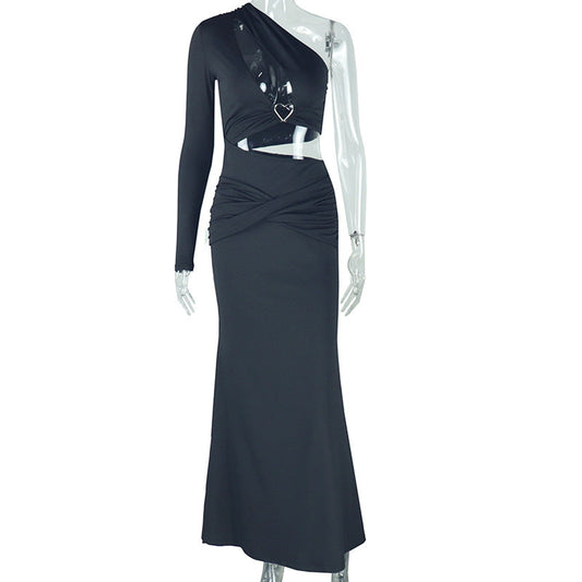 Women Solid Color Hollow Out Cutout out Bare Cropped Slim Fit Hip Dress Asymmetric One Shoulder Split Sleeve Diagonal Collar Dress