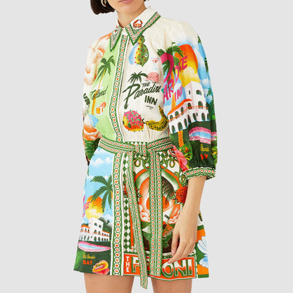 Women Clothing Casual Printing Shirt Cardigan 3/4 Sleeve Office Dress