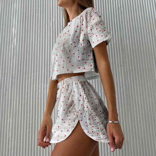 Conjunto deportivo informal de primavera y verano para mujer, con estampado calado y abertura, corto, de dos piezas