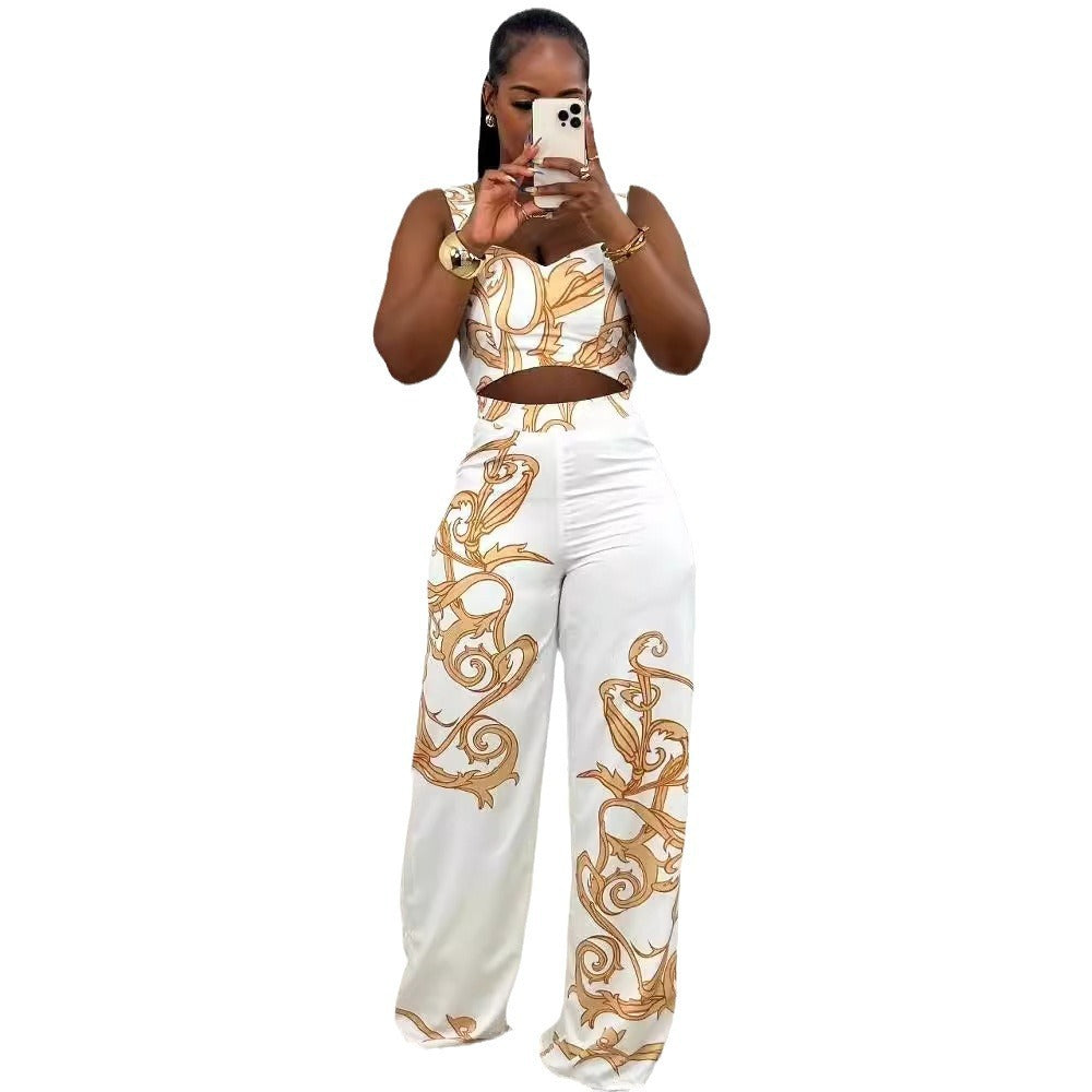 Conjunto de dos piezas de pantalones anchos y cintura alta con tirantes estampados sexys