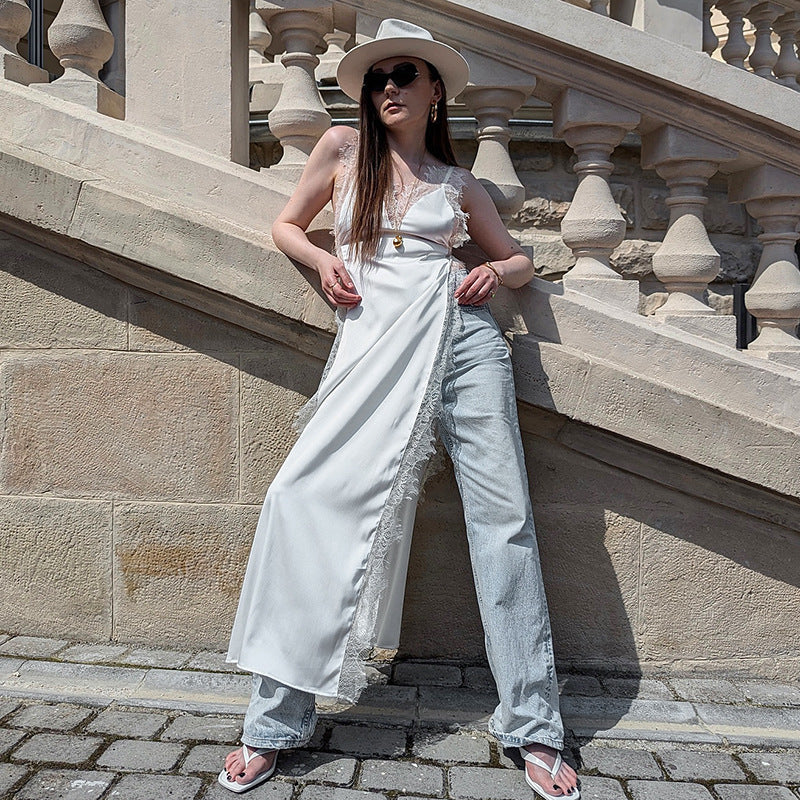 Vestido sexy de primavera y verano con escote en V y encaje de color liso para mujer