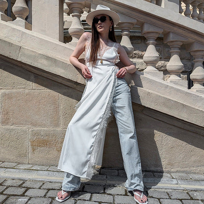 Vestido sexy de primavera y verano con escote en V y encaje de color liso para mujer