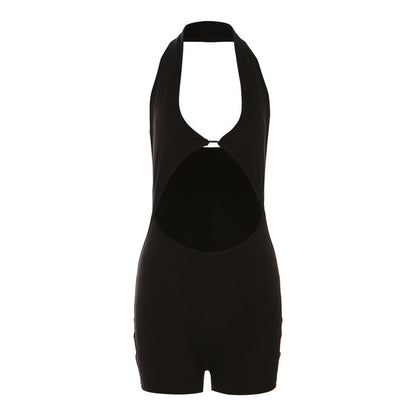 Autumn Winter Women Clothing Halter Sexy Backless Slim Fit Hollow Out Cutout Leggings Jumpsuit for Women