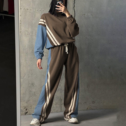Conjunto de suéter deportivo de rayas de colores contrastantes para otoño e invierno, jersey con parte superior y pantalones con cordón, conjunto de dos piezas
