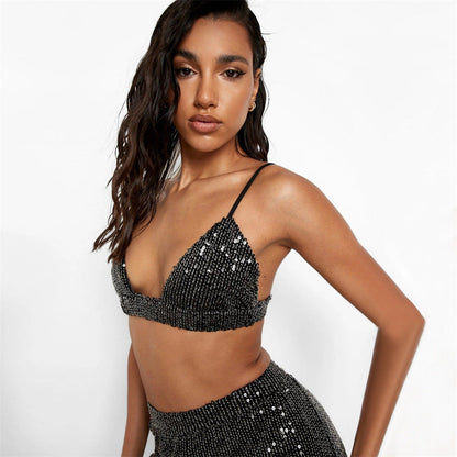 Conjunto de tres piezas formado por camiseta y pantalón de pierna recta y escote en V, para mujer, de manga larga y lentejuelas, para fiesta, primavera y verano
