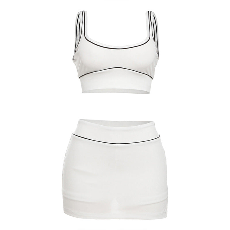 Conjunto deportivo informal de dos piezas para mujer, con camiseta sin mangas corta y falda a la cadera, para primavera y verano