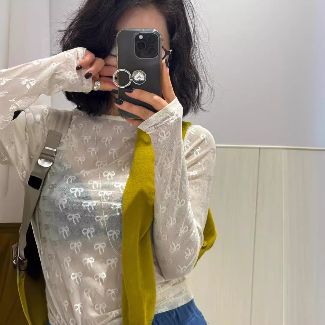 Camiseta de manga larga con lazo japonés, de malla elástica, para primavera y verano