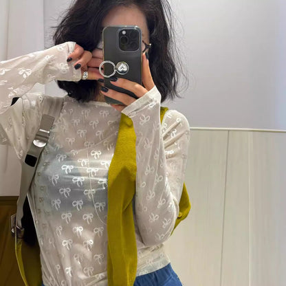 Camiseta de manga larga con lazo japonés, de malla elástica, para primavera y verano