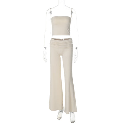 Ropa de mujer Otoño Color sólido Top tubo Pantalones acampanados Traje ajustado para mujer
