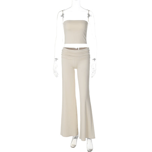 Ropa de mujer Otoño Color sólido Top tubo Pantalones acampanados Traje ajustado para mujer