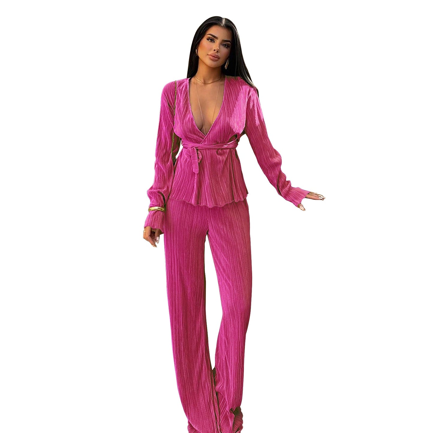 Conjunto de dos piezas informal de otoño e invierno con cuello en V y manga larga para mujer
