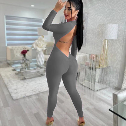 Leggings de manga larga con escote en V profundo de otoño para mujer, mono ajustado sexy sin espalda