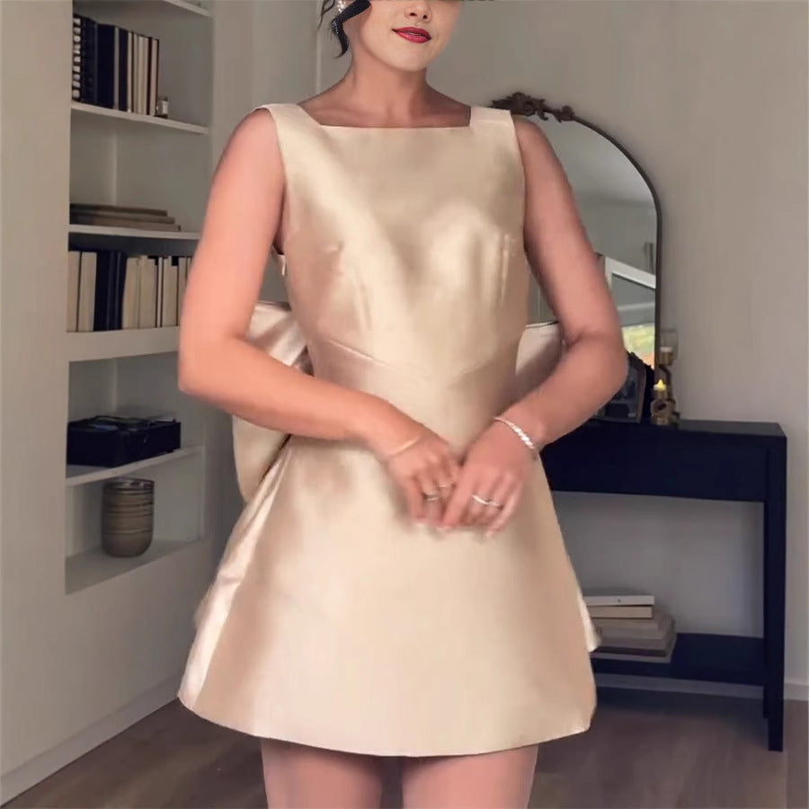 Vestido de primavera para mujer, de satén, sin espalda, con lazo decorativo y cintura alta