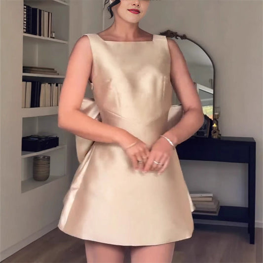 Women Clothing Spring Satin Backless Bow Decorative High Waist Dress