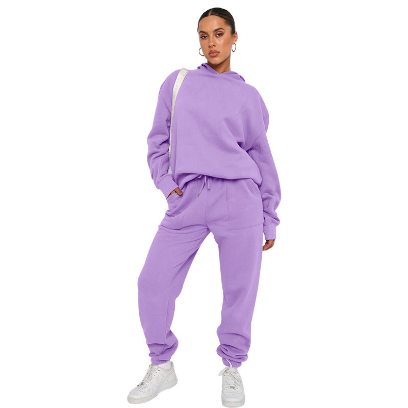 Suéter de manga larga con capucha de color liso para mujer, ropa informal, pantalones, traje, otoño e invierno