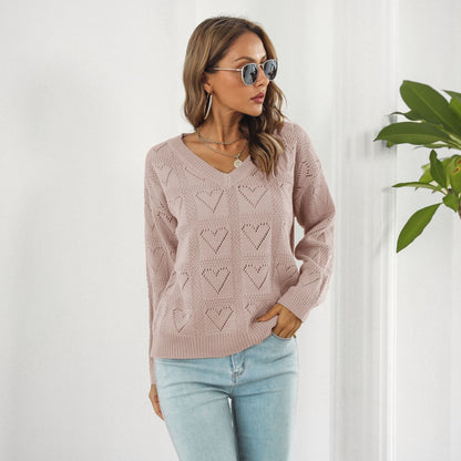 Suéter a cuadros con forma de corazón recortado y hueco para mujer, suéter holgado de manga larga para otoño e invierno.
