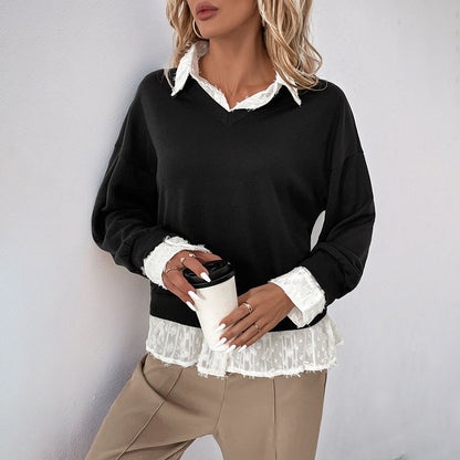 Sudadera de dos piezas con cuello alto y parches de otoño para mujer