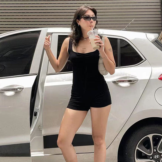 Mono deportivo informal de calle de color sólido con cuello cuadrado, abertura cruzada, espalda descubierta, con cordones, para yoga y fitness, pantalones de una pieza