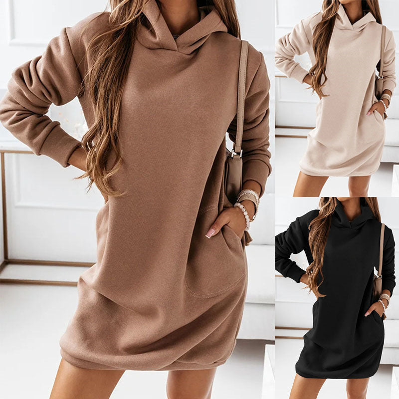Vestido de otoño-invierno para mujer, ropa nueva con capucha, estilo hipster, manga larga, color liso, talla grande