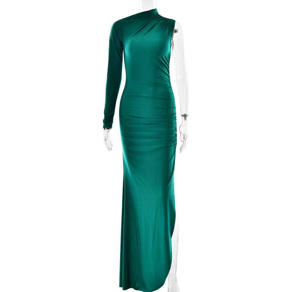 Vestido elegante para mujer, sexy, con un hombro al descubierto, mangas, color sólido, abertura, ajustado, largo