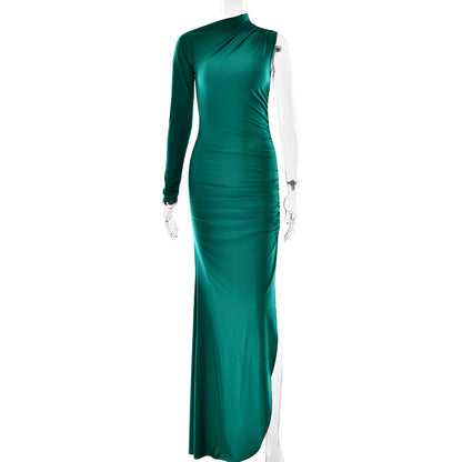 Vestido elegante para mujer, sexy, con un hombro al descubierto, mangas, color sólido, abertura, ajustado, largo