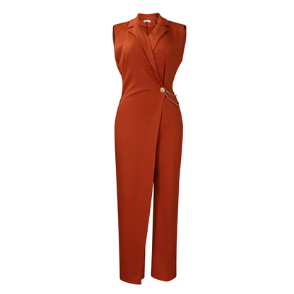 Mono elegante de mujer con cuello de traje elegante, cintura ajustada, cadena, pierna ancha y suelta