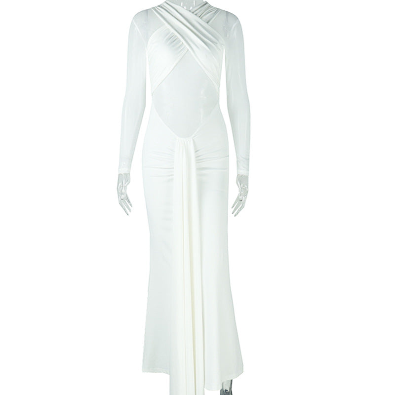 Vestido elegante y sencillo para mujer, sexy, ajustado a la cadera, microtransparente, de un solo paso, de color sólido, plisado, cruzado hasta el pecho.