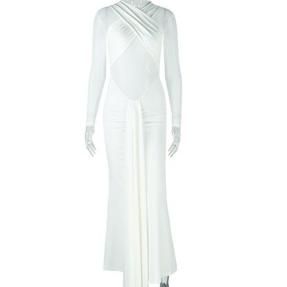 Vestido elegante y sencillo para mujer, sexy, ajustado a la cadera, microtransparente, de un solo paso, de color sólido, plisado, cruzado hasta el pecho.
