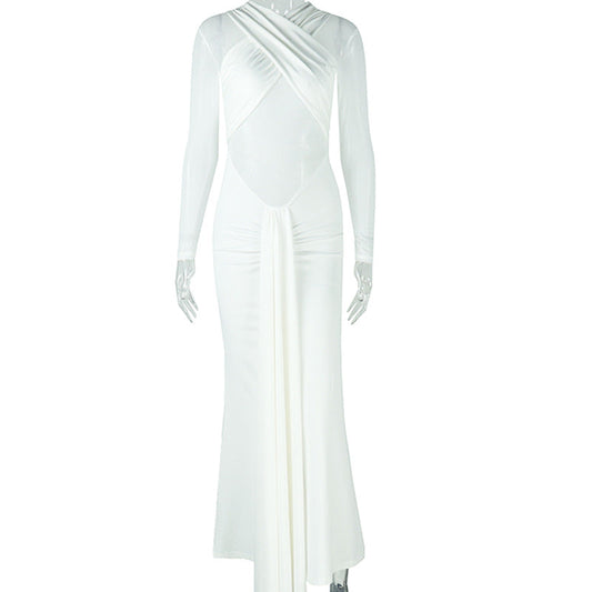 Elegant Simple Women Clothing Sexy Slim Hip Micro Transparent One Step Solid Color Pleated Wrapped Chest Length Dress