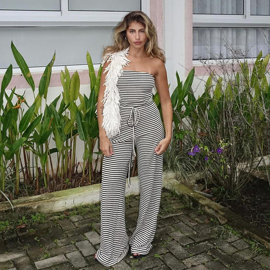 Mono informal de color a rayas con sujetador horizontal y cordones, pantalones largos con fregona