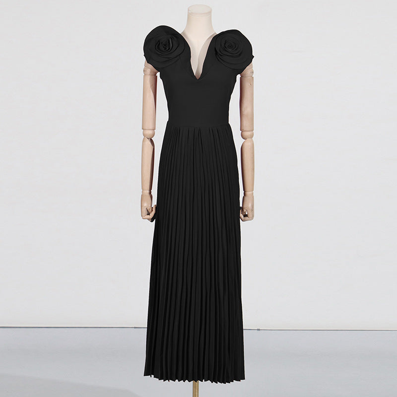 Vestido formal floral grande de alta sociedad 2025, sexy, con escote en V y cintura alta, plisado, para mujer
