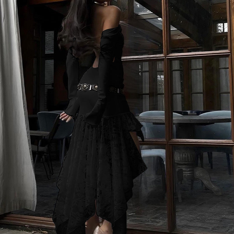 Ropa de invierno para mujer, moderna, de manga larga, irregular, asimétrica, con costuras de encaje, sexy, sin espalda