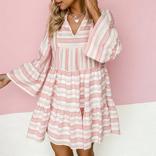 Vestido babydoll informal con cuello en V, manga larga, acampanado y estampado floral para mujer, primavera y verano