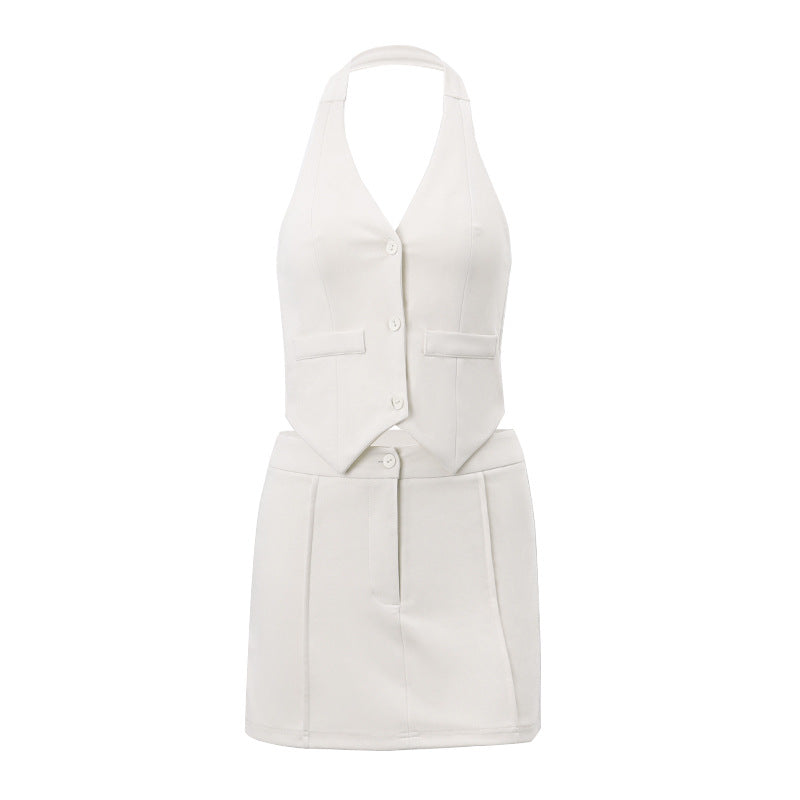 Conjunto de ropa de verano para mujer, sexy, con cuello halter y bolsillos falsos, falda acampanada