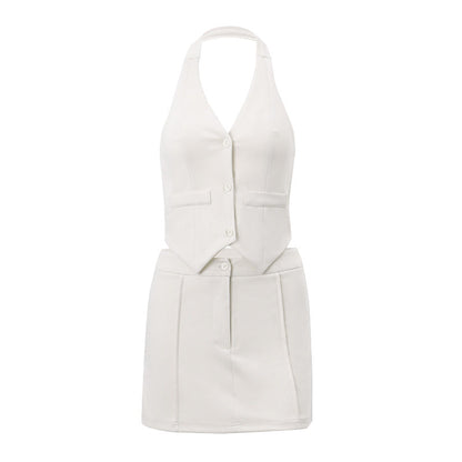Conjunto de ropa de verano para mujer, sexy, con cuello halter y bolsillos falsos, falda acampanada
