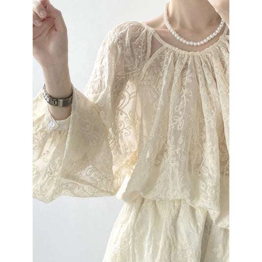 Conjunto de dos piezas de manga larga con bordado de Tencel para mujer, elegante top y pantalones cortos bordados de verano