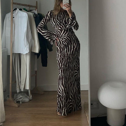 Vestido holgado con estampado de rayas, informal, de cuello redondo y manga larga, para mujer, otoño e invierno
