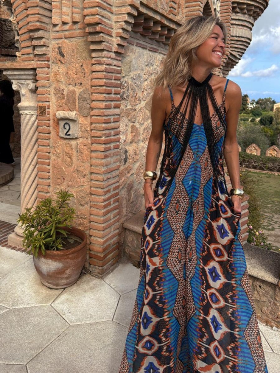 Vestido largo con tirantes y estampado de posicionamiento de verano, popular en Internet