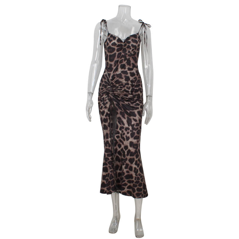 Vestido lencero con estampado de leopardo para mujer, sexy, de cintura alta, con abertura