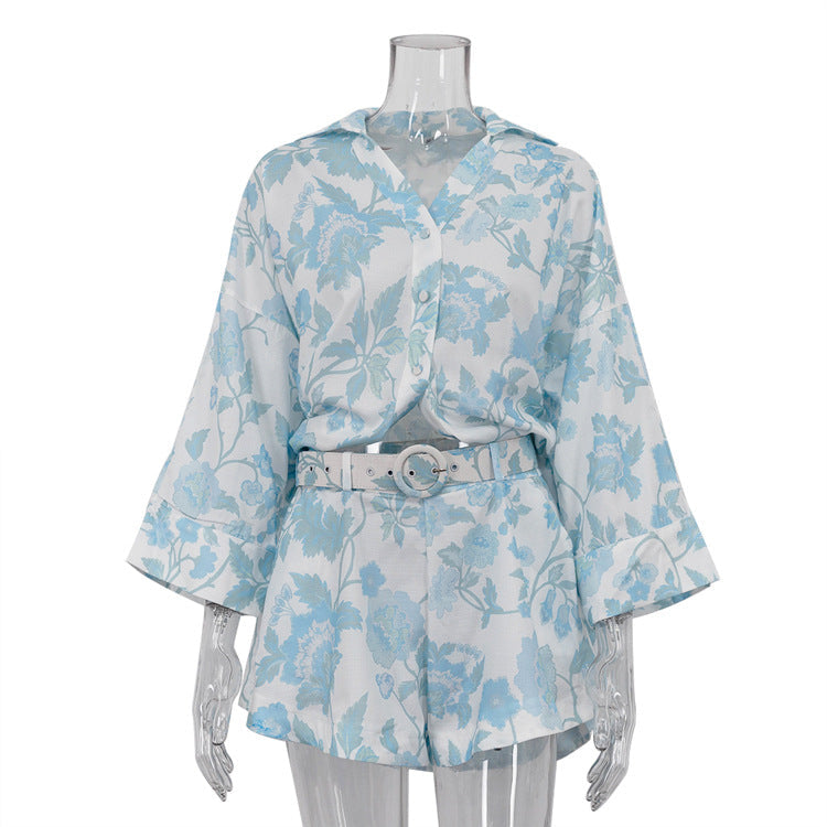 Printing Summer Women Casual Wear Loose Long Shirt High Waist Shorts with Belt Two Piece Set