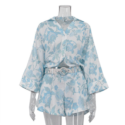 Printing Summer Women Casual Wear Loose Long Shirt High Waist Shorts with Belt Two Piece Set