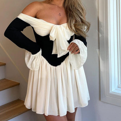Vestido de otoño sexy con hombros descubiertos y cintura real francesa con mangas acampanadas controladas para mujer