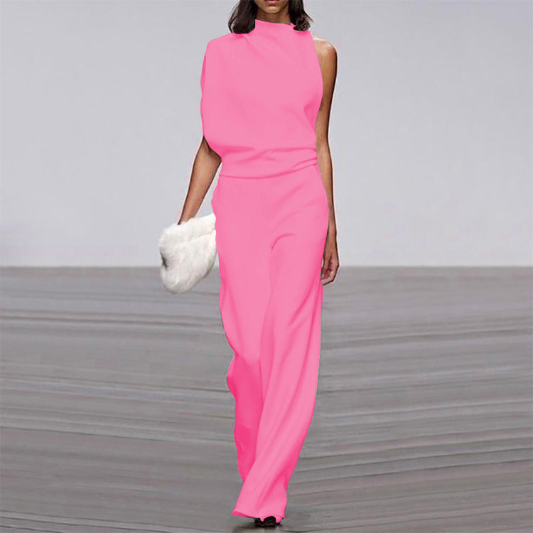 Pantalones de mujer de color liso con un hombro descubierto y cuello alto, mono de vestir popular