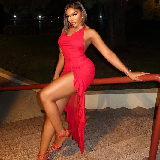 Sexy Women Elegant Solid Color Fishtail Dress Sleeveless V neck Mid Length Dress