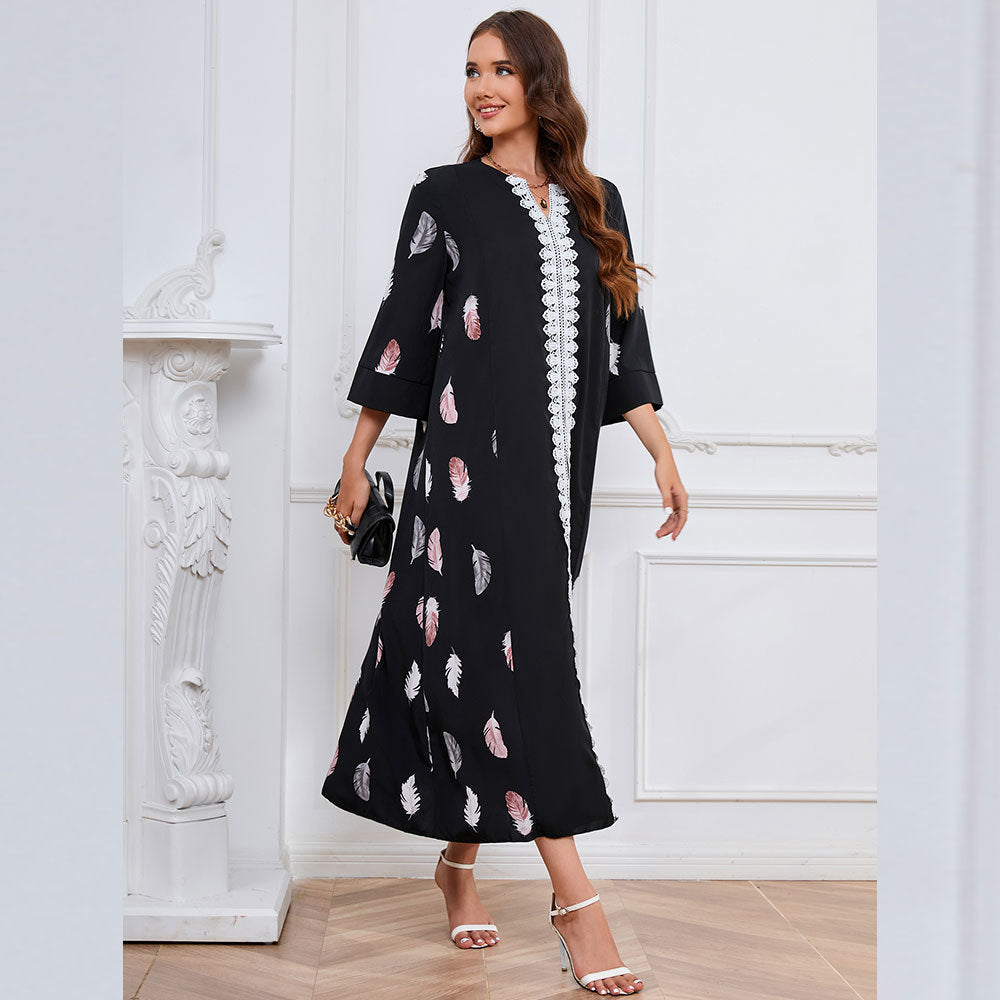 Vestido holgado estampado de Oriente Medio de gasa para mujer, vestido informal cómodo para mujer