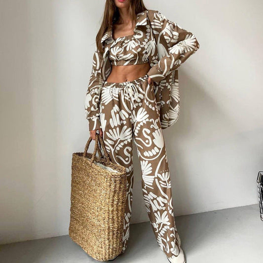 Conjuntos de camisa de manga larga y pantalones de cintura alta con estampado de principios de otoño para mujer