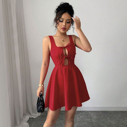 Vestido rojo sexy de verano con cuello cuadrado y corte en A para mujer