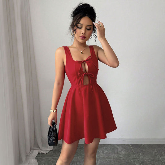 Women Clothing Summer Sexy Square Collar Red Dress A line Slip Dress
