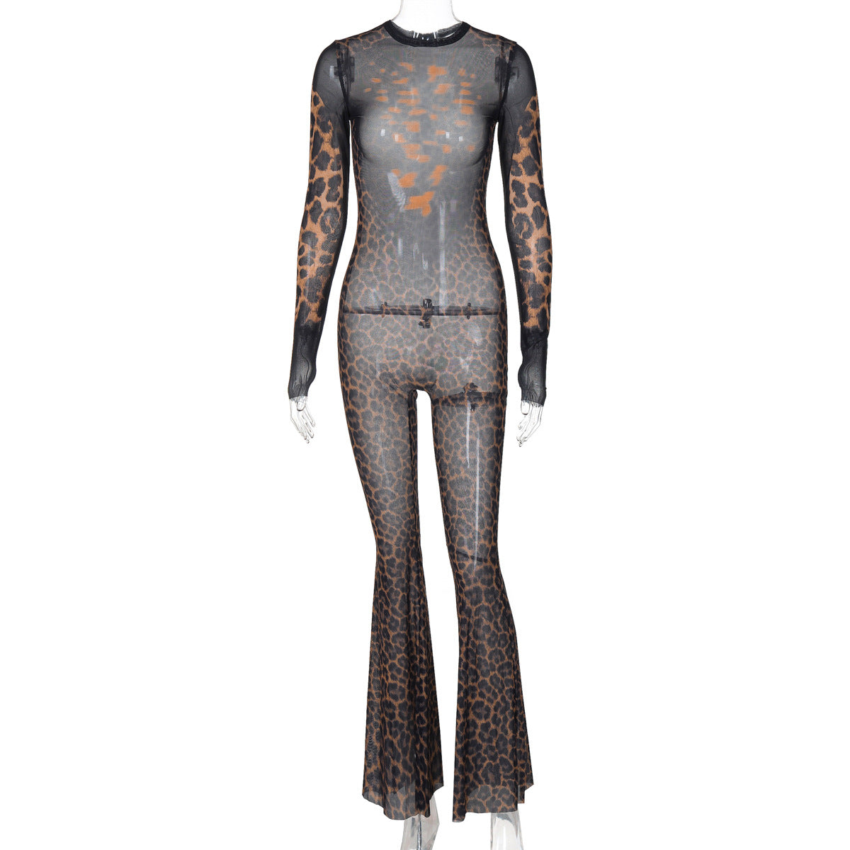 Mono sexy de malla transparente con manga larga y pantalones acampanados estampados para mujer